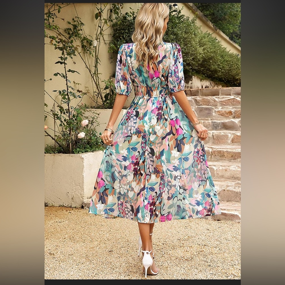 Floral Multicolor Midi Dress with Puff Sleeves - Picture 8 of 8
